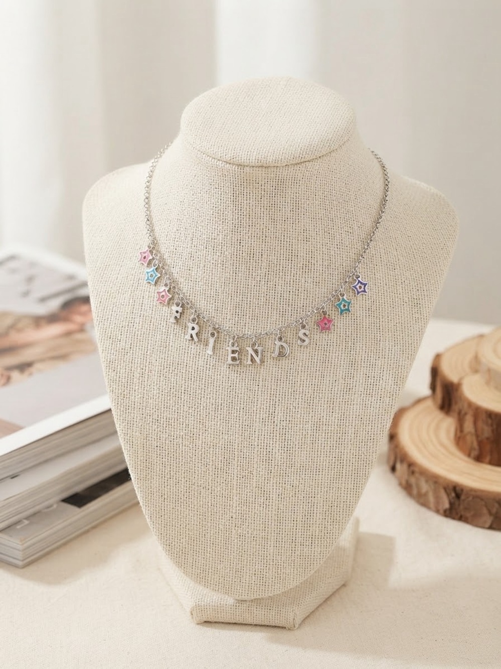 'FRIENDS' Silver Letter Necklace with Pastel Star Charms